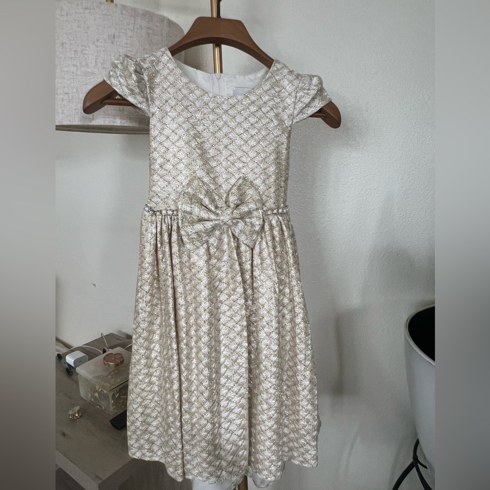 Rare Editions Cream and Gold Fit and Flare Dress with Puff Cap Sleeves.